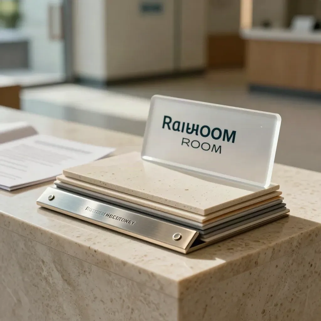 Macro of a clinic brand identity kit with metal plaque, acrylic marker, and material chips on travertine.