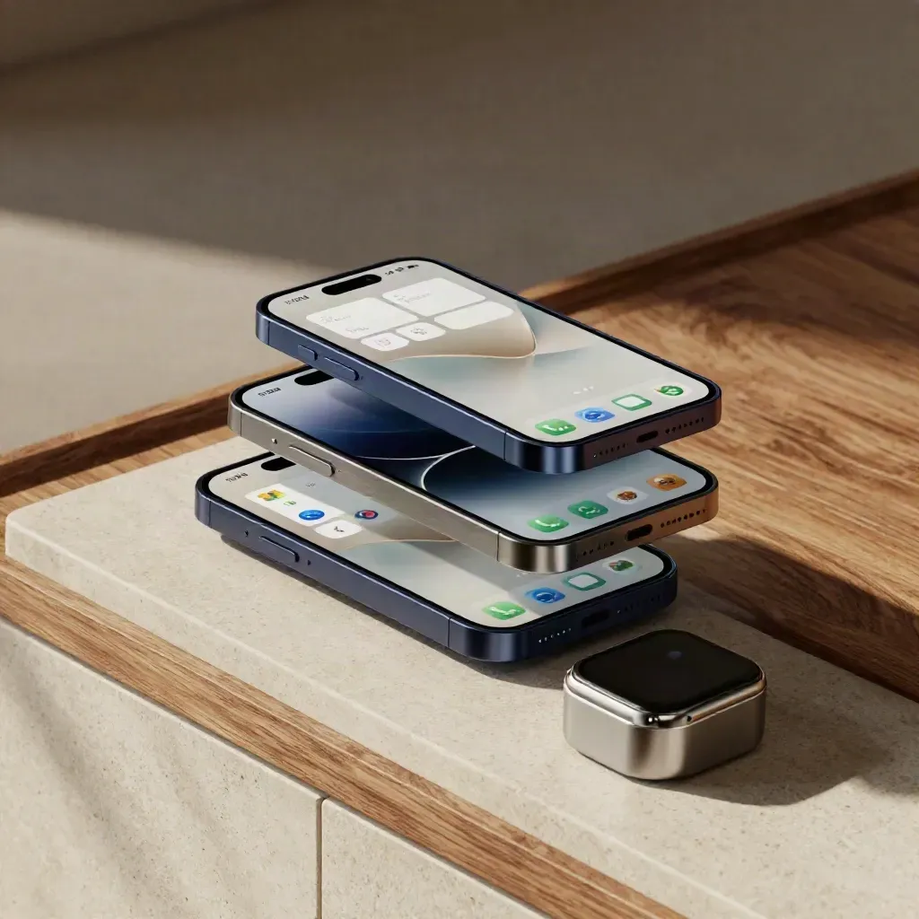 Three medical app devices and a smartwatch cradle settle on a brushed metal riser with soft glow.