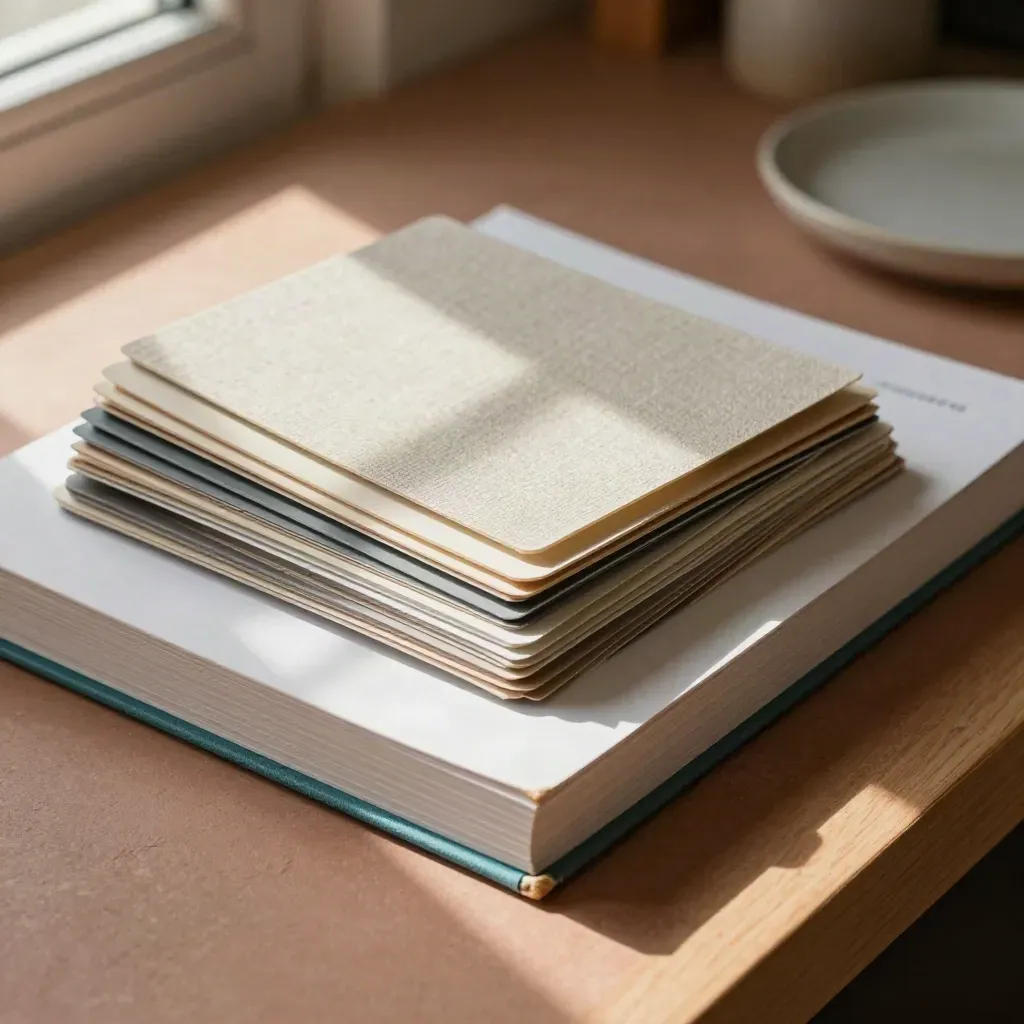 Closed guideline book with tabbed swatches and linen samples on a sunlit studio surface