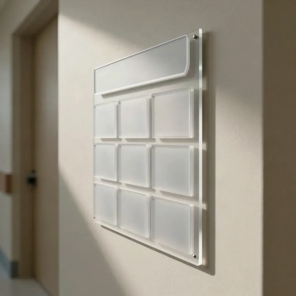 Clinic wayfinding plaques, blade sign and card sleeves on acrylic panel in a moody corridor.