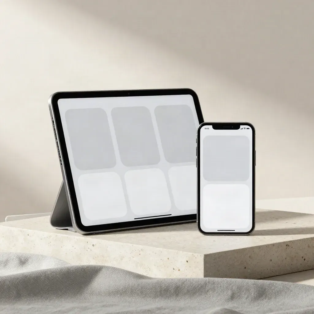 Tablet and phone on a stone pedestal with calm healthcare app screens