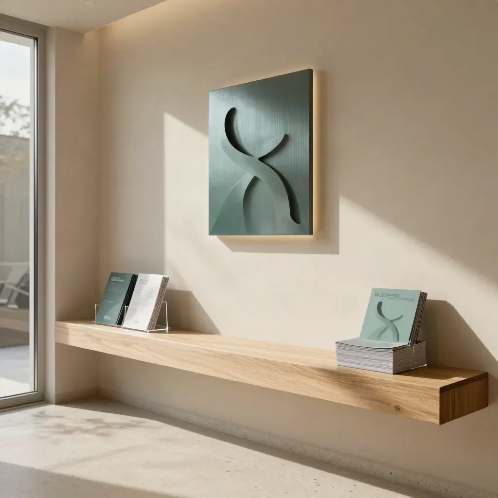 Wellness studio entry with teal emblem, brochure holders, and polished print pieces