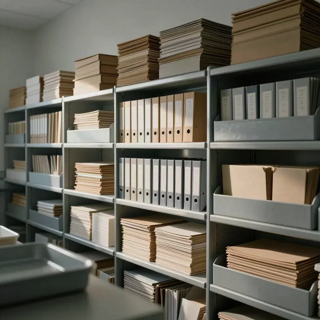 Organized hospital supply room wall with trays, folders, and card stacks in dramatic light.