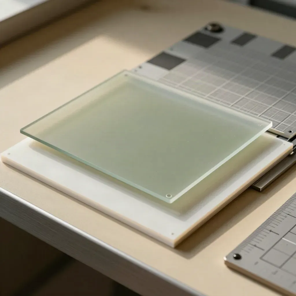 Acetate overlays and coated swatches on a geometric calibration tile board in hard side light