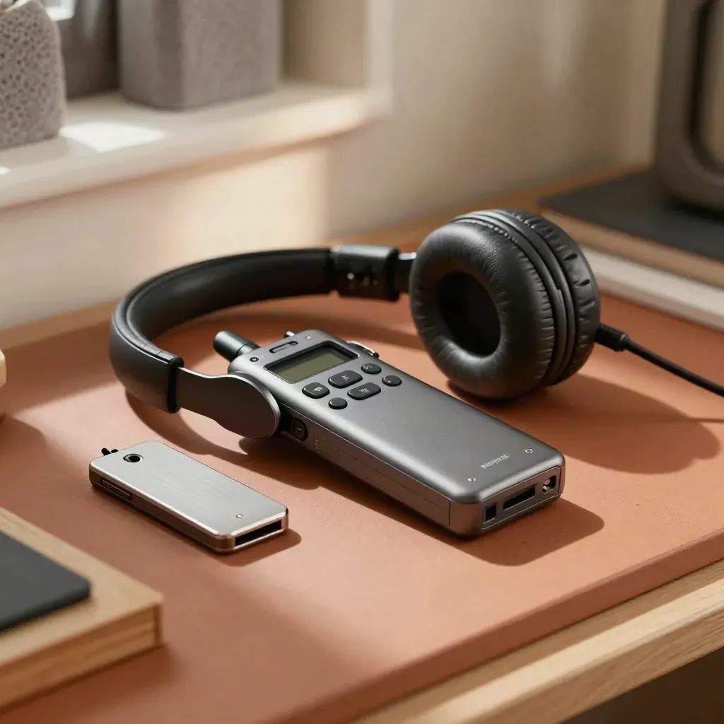 Top-down audio kit still life with recorder, headphones, pedal and note clip on terracotta surface.