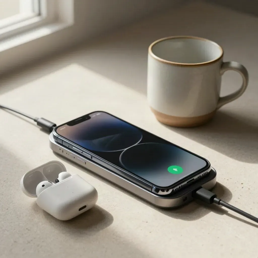 Smartphone glowing on a charger beside open earbuds and a stoneware mug on pale limestone