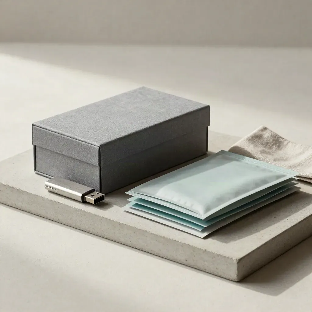 Archival box, USB drive, and sealed transfer sleeves on a concrete tray with soft teal tabs.
