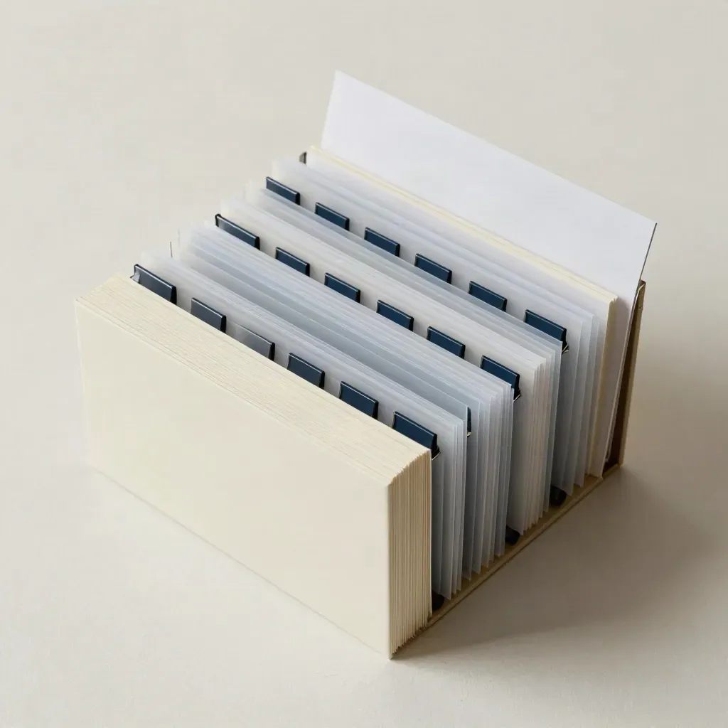 Top-down accordion file case with dividers, translucent sleeves, and navy clips on plaster